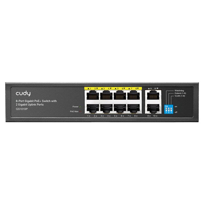Cudy 8 Port Gigabt PoE+ Switch with 2 Gigabit Uplink ports 120W Mounting: Desktop, Wall or Rack-Mount PoE Output: 802.3af/at PoE on Ports 1~8