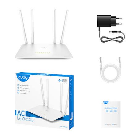 Cudy Dual Band Router AC 1200, Antenna Gain: 4x 5dBi,Beam-width: 360°, Data Rate: 2.4GHz: 300Mbps; 5.8GHz: 867Mbps,Ethernet Ports: 5x 10/100Ha, dware Button: Reset ; WPS,ax. Power Consumption: 9W,Mounting: Desktop,Operating System: Cudy Operating, Temperature: 0°C to 40°C,PoE Input: None, PoE Output: None,Power Input: 12V 1A Power Supply (Included), Serial Interface: None, SIM Slots: None Supported Voltage Range: 12V 1A, USB Ports: None WR1200