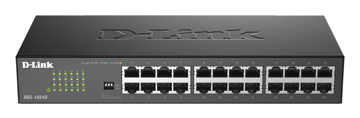 D-Link 24-Port Gigabit Switch  +24 10/100/1000 Mbps switched ports.
up to 10KB
 +Up to 1 Gbps of dedicated bandwidthper port and up to 2 Gbps bandwidth in full-duplex mode
 +Compatible with all popular operatirig systems
Supports IEEE 802.1p QoS prioritizaion +Jumbo Frame support up to 10KB + DIP switches to control features: Energy Efficient Ethernet (EEE) Gn/off Flow control on/off Port isolation/broadcast storm bn/off +Automatic cable diagnostics to Help detect cable problems