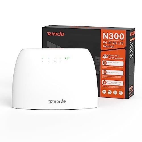 Tenda 2.4GHz, 802.11n (WiFi 4) 300Mbps wireless router with an integrated Cat4 LTE modem. The Cat4 LTE modem features speeds of up to 50Mbps uplink and 150Mbps downlink. It has 2x Fast Ethernet LAN ports and a Mini SIM Card Slot. The unit features internal antennas for both LTE and wireless connectivity.