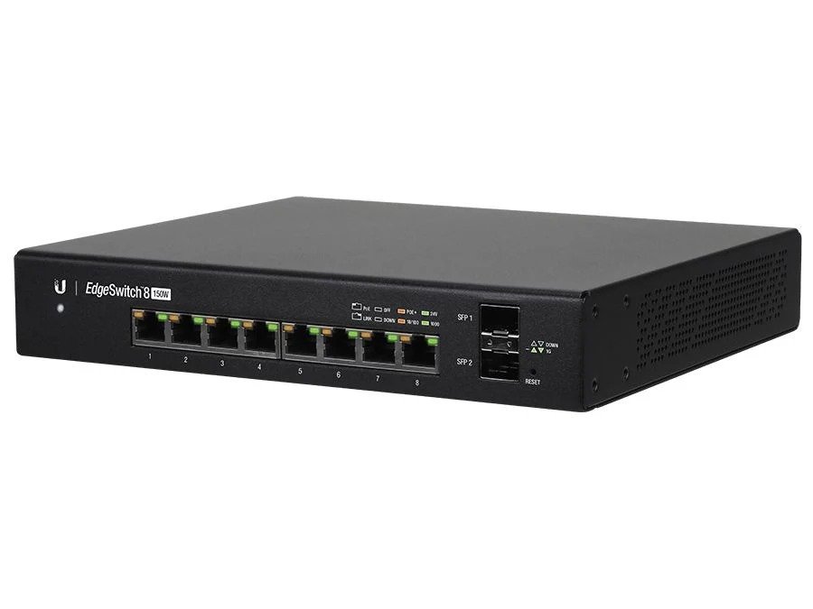 Ubiquiti UISP EdgeSwitch 8 Port PoE 150W 2SFP | ES-8-150W
Ethernet Ports: 8x 10/100/1000
Hardware Button: Reset
Max. Power Consumption: 20W
Mounting: Desktop or Rack-Mount
Operating System: EdgeMAX
Operating Temperature
PoE Input: None
PoE Output: 802.3af/at or 24V Passive PoE on Ports 1~8
Power Input: 1x IEC Power Cord (Included) Or 42V to 56V DC input with Terminal Block
Serial Interface: 1x RJ45 Ethernet In/Out Band
SFP Ports: 2x 1.25Gbps
Supported Voltage Range: 100V-240V