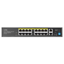 Cudy 16 Port Fast Ethernet PoE 200W 2 Gigabit Uplink Ports,  1SFP Switch | FS1018PS1
_x0009_Ethernet Ports: 16x 10/100 ; 2x 10/100/1000
Hardware Button: VLAN ; Extender ; Default
Max. Power Consumption: 10W
Mounting: Rack-Mount
Operating System: None
Operating Temperature: 0°C to 40°C
PoE Input: None
PoE Output: 802.3af/at PoE on Ports 1~16
Power Input: 1x IEC Power Cord (Included)
Serial Interface: None
SFP Ports: 1x 1.25Gbps
Supported Voltage Range: 100-240V