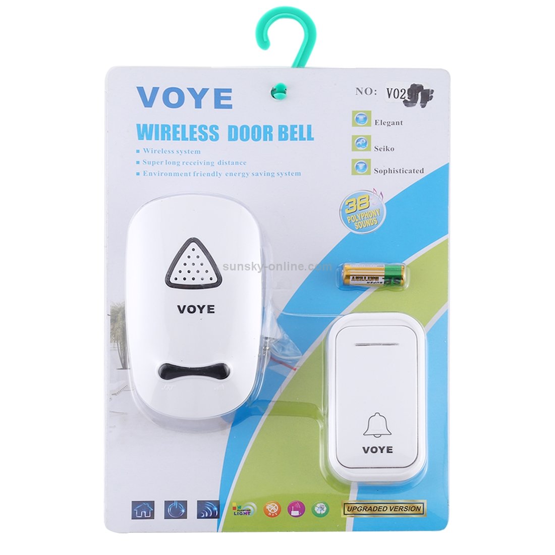Doorbell wireless VOYE
Requires 2 * AA batteries
23A 12 V included for remote
Not weatherproof
Max 30 meter, straight line